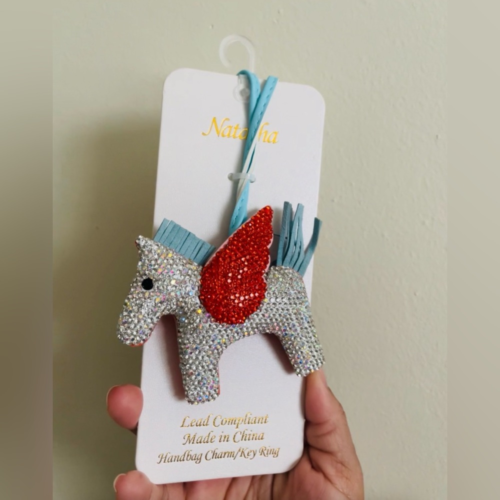 Natasha Couture Silver Crystal Pony Key Charm with Red Wing and Blue Tassel